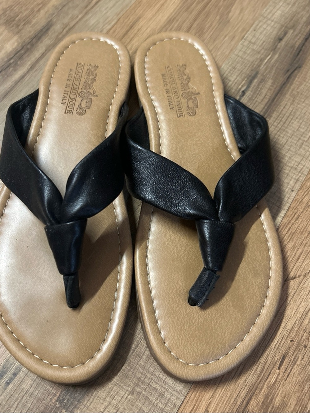 Coach And Four Sassari Leather Black Thong Flip Flop Sandals Womens Sz 6